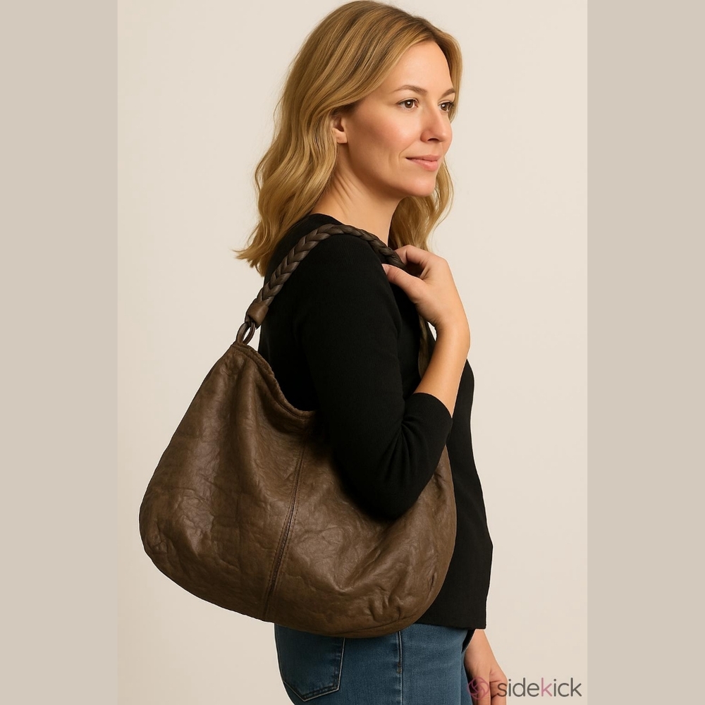 Monserat De Lucca Boho crinkle distressed leather hobo tote shoulder bag Purse